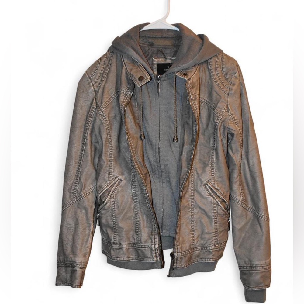 LA Coalition women's faux leather bomber moto jacket with a detachable hood